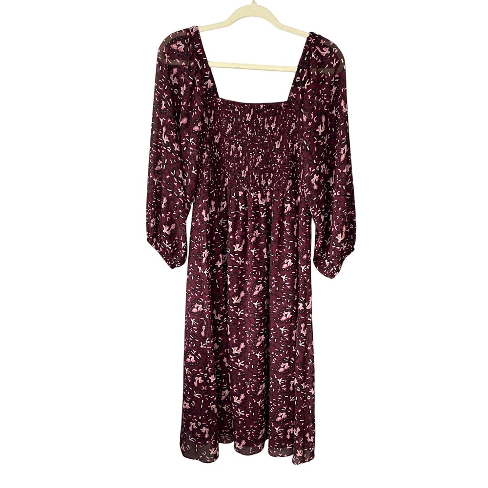 Madewell‎ Burgundy Floral Smocked Square Neck Midi Dress Long Sleeve Size M